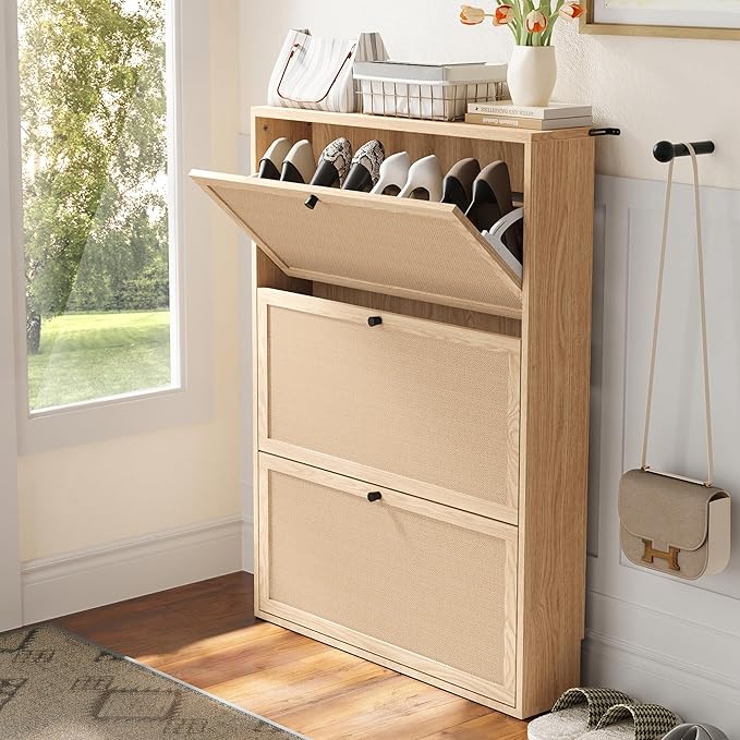 AVZEAR Narrow Shoe Storage Cabinet for Entryway with Natural Linen Panel, Freestanding Slim Shoe Cabinet with 3 Flip Drawers, Wood Shoe Organizer Closed Shoe Rack for Hallway, Living Room(Natural)-NeatNest