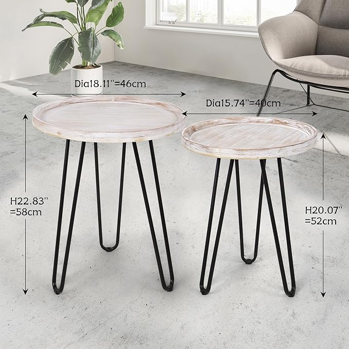 Oakrain Nesting Tables for Living Room, Round Nesting Coffee Table, Farmhouse End Tables Living Room, Bedroom, Small Coffee Table (Distressed White)