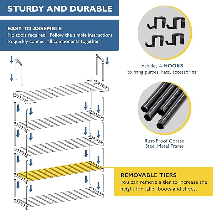 Sundaze Shoe Rack - 5 Tier Metal Shoe Rack for Front Door Entrance, Sturdy Long Shoe Organizer for Closet, Bedroom, Entryway, Garage, Black Metal Shoe Shelf, Holds Up to 25 Pairs-NeatNest