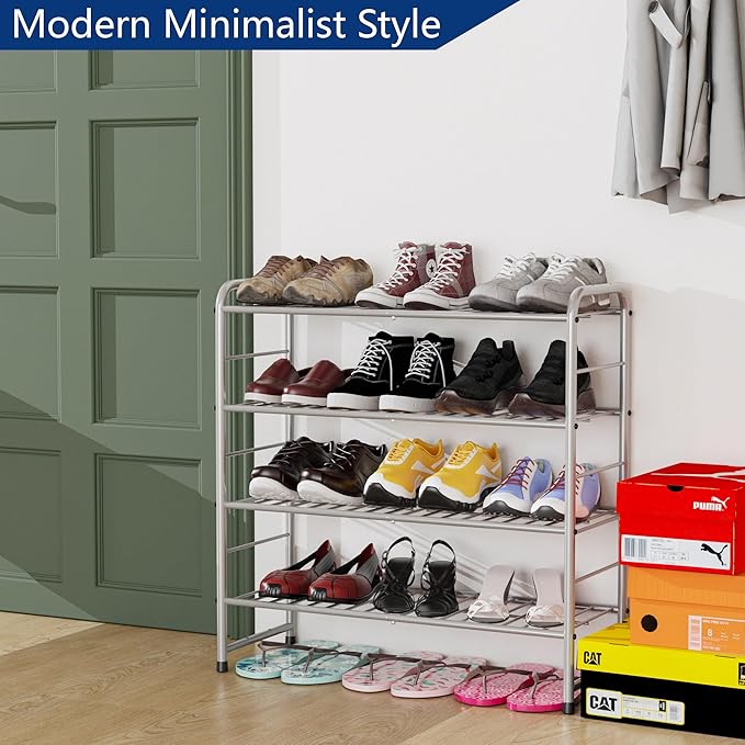 4-Tier Stackable Shoe Rack,Expandable & Adjustable Shoe Organizer Storage Shelf,High Capacity,Wire Grid,Silver-NeatNest