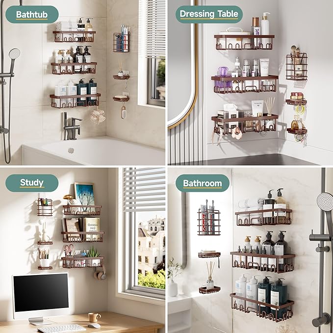 Veken Shower Caddy 6-Pack, No Drilling & Rustproof, Waterproof Adhesive Shelves Rack with Soap Holder, Large Capacity Bathroom Organizers and Storage, Wall-Mounted Kitchen & Home Decor-NeatNest