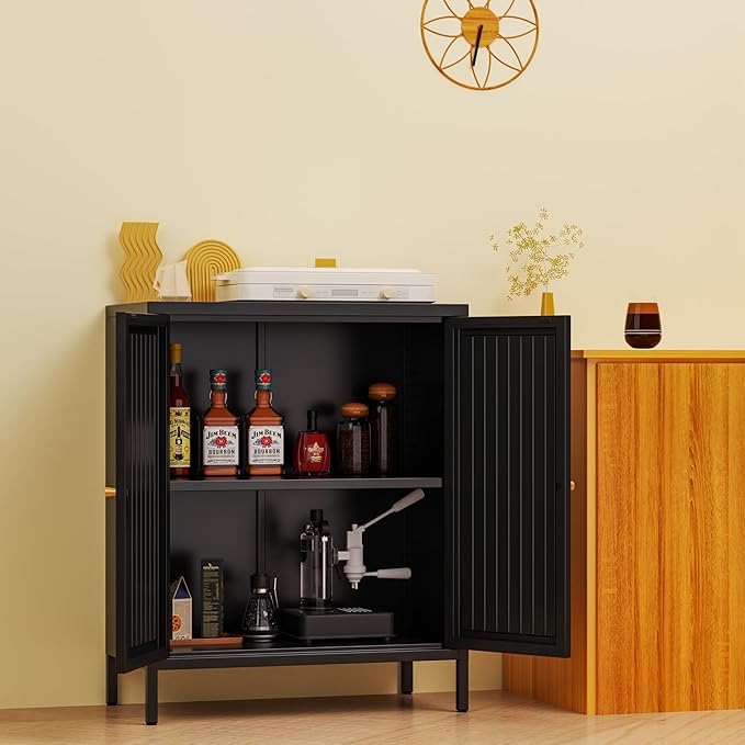 2 Door Metal Accent Cabinet, Small Sideboard, Locker Style Accent Storage Cabinet with Doors and Adjustable Shelves for Home, Office, Living Room, Kitchens (Stripe Door, Black)