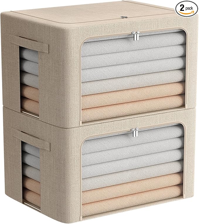 2 Pack Clear Window Storage Bins Foldable Fabric Storage Bins Boxes for Clothes Stackable Box Organizer Set with Carrying Handles (Beige, 22L,15.7x 11.8x 7.8 Inch)-NeatNest