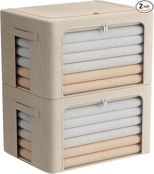 2 Pack Clear Window Storage Bins Foldable Fabric Storage Bins Boxes for Clothes Stackable Box Organizer Set with Carrying Handles (Beige, 22L,15.7x 11.8x 7.8 Inch)-NeatNest