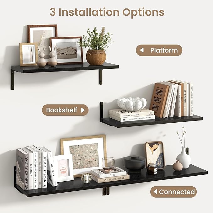 Fun Memories Deep Floating Shelves, 24W x 8D Floating Shelves Set of 2, Wall Mounted Shelf with Metal Brackets, Rustic Wood Wall Shelf for Bathroom, Kitchen and Living Room, Black-NeatNest