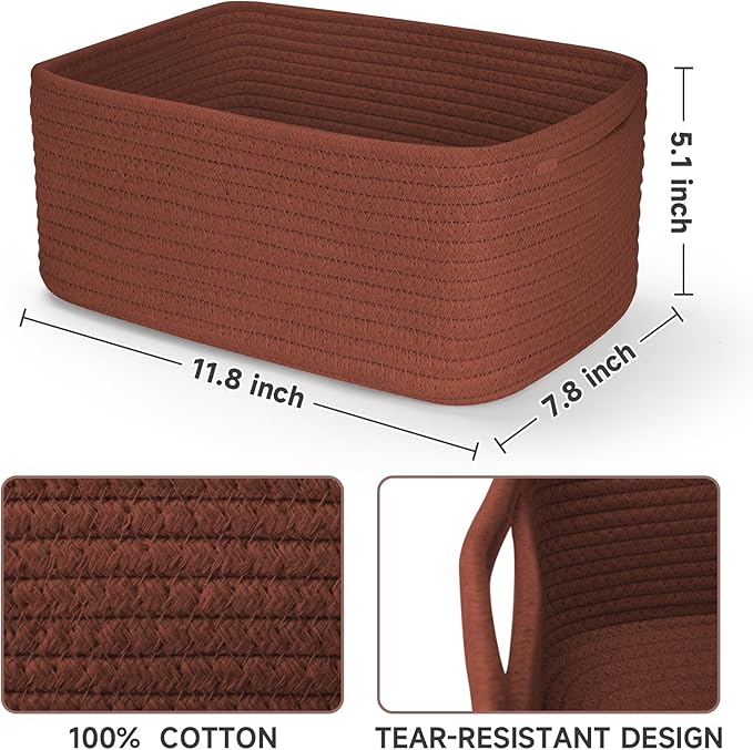 3-Pack Shelf Baskets for Organizing, Closet Organizer Bins, Small Woven Baskets, Rope Toy Basket, Storage Basket for Shelves, Cube Decorative Box, 11.5×7.5×4.7”, Oxide Red-NeatNest