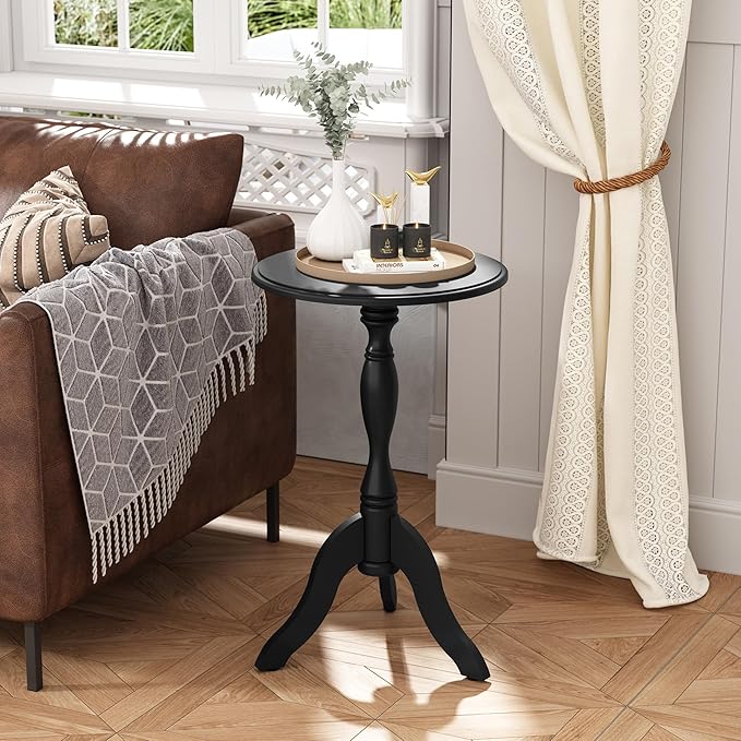 HLR Round Small End Table, Wooden Pedestal Side Coffee Tables, Vintage Accent Nightstand for Living Room, Bedroom, Entryway (1, Black)