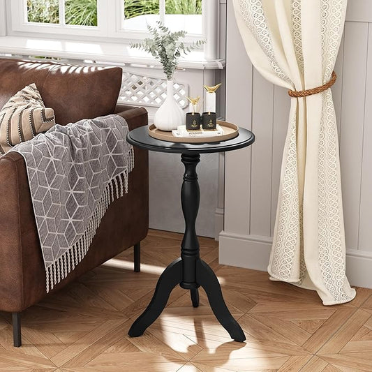 HLR Round Small End Table, Wooden Pedestal Side Coffee Tables, Vintage Accent Nightstand for Living Room, Bedroom, Entryway (1, Black)