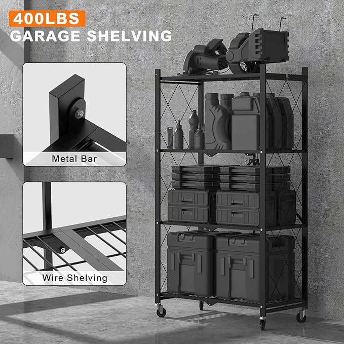 50" H 4 Tier Foldable Storage Shelf with Wheels, Folding Shelving Loads 400 LBS, Metal Steel Garage Shelves, Rolling Standing Utility Rack for Kitchen, Pantry, Office, Black