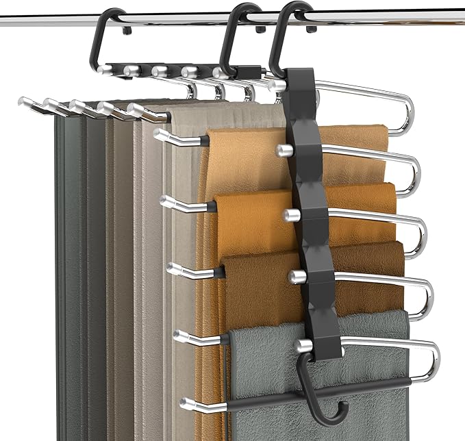Pants Hangers Space Saving - 2 Pack Closet Organizer and Storage Jean Hangers, Stainless Steel Anti-Slip Clothes Hanger Scarf Holder for Pants Jeans Leggings Trousers Pant Rack, Black-NeatNest
