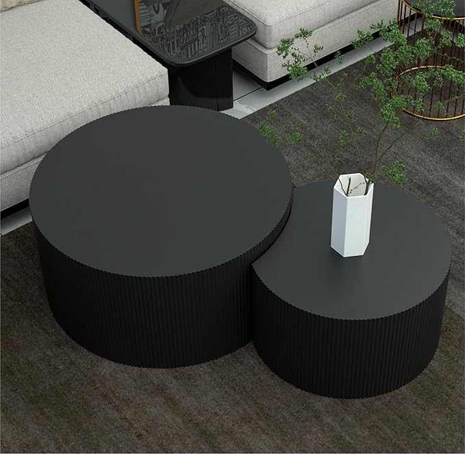 KEVINSPACE Coffee Table Set of 2 Modern, Wooden Circle End TableSet, Living Room Nesting Table Round 2-Piece,No Assembly Required Accent Furniture for Bedroom Balcony Library,Black