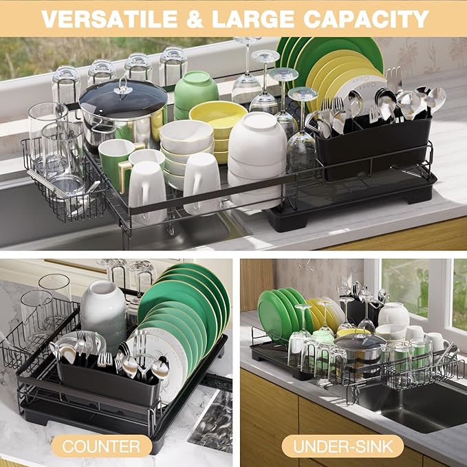 Dish Drying Rack Extendable Dish Rack Rustproof Carbon Steel with Drainboard & Cutlery Holder – Extra Large Capacity Dish Drainer Countertop Dish Strainer for Kitchen Utensils, Plates, Spoons & Forks