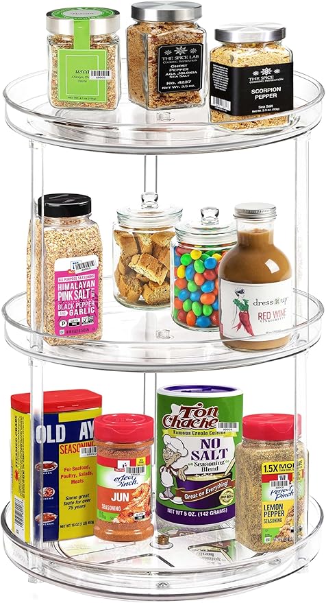 3 Tier Lazy Susan Bathroom Organizer - 9.25 Inch Clear Makeup Organizer with Skincare and Perfume Storage for Countertop-NeatNest