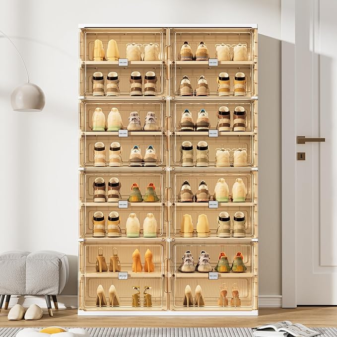 JEKO&JEKO 8 Tiers Foldable Shoe Rack Organizer Cabinet for Closet Entryway, Large Collapsible Shoe Storage Box with Magnetic Doors Fits Up to 32 Pairs (White)-NeatNest