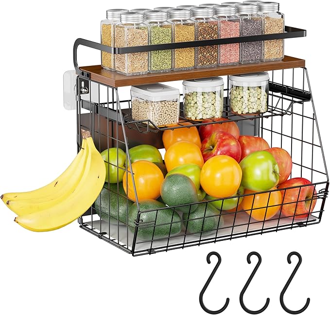 Delamu Magnetic Shelf for Fridge with Wood Lid, 3 Tier Pull Out Fruit Potato and Onion Storage Bins, Magnetic Spice Rack Organizer for Refrigerator, Cabinet, Kitchen Counter, Laundry (1 Pack)-NeatNest