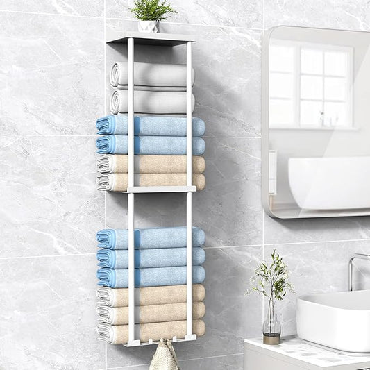 Towel Rack for Bathroom, Wall Mounted Vertical Rolled Towel Storage Organizer Holder with Shelf, Holds Up 6 Large Bath Sheets, White