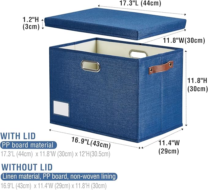 17" Large Collapsible Storage Bins with Lids, Stackable Closet Organizers with PU Handle and Labels, 3-Pack Decorative Fabric Storage Boxes for Home, Bedroom, Closet, Office, Nursery(Navy)-NeatNest
