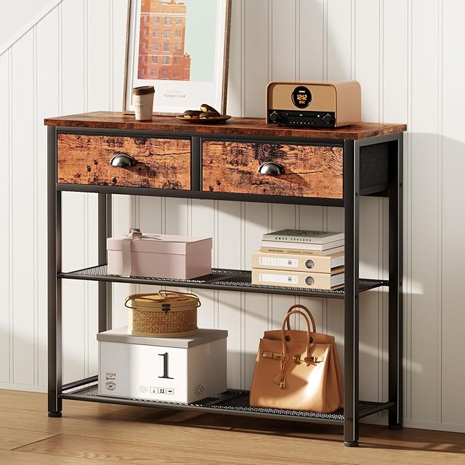 Furologee Console Sofa Table with Storage Shelf for Entry Way, Small 30'' Entryway Table with 2 Fabric Drawers, Industrial Display Shelves for Hallway, Entrance, Foyer, Rustic Brown-NeatNest