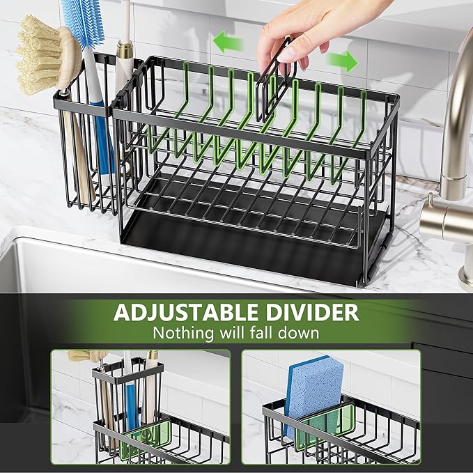 Cisily 2-Tier Kitchen Sink Caddy Organzier Rack with Flexible Dish Brush Holder, Sponge Holder for Kitchen Sink Countertop Organization Storage,Home Decor Accessories Essentials Stainless Steel-NeatNest