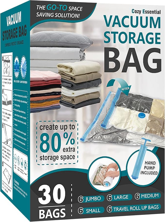 30 Pack Vacuum Storage Bags, Space Saver Vacuum Storage Bags, Vacuum Seal Bags for Clothing, Clothes, Comforters and Blankets, Hand Pump Included-NeatNest