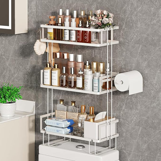Godboat Bathroom Organizers and Storage, 3-Tier Over The Toilet Storage, Wall Shelf with Paper Holder and 2 Hooks, No Drilling Cool Decor and Home Decor, Gifts for Women, Mom, Mothers Day (White)-NeatNest