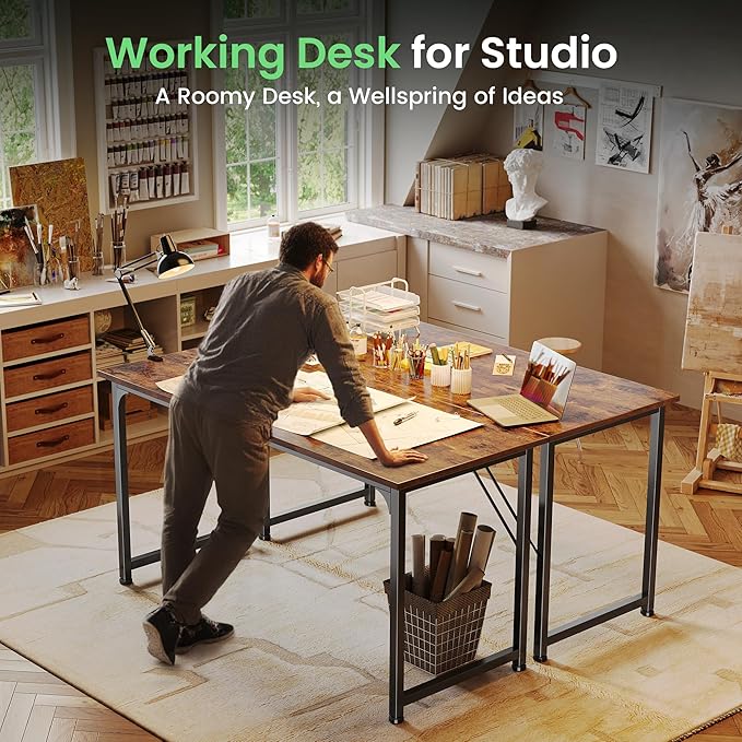 Huuger Computer Desk, 55 Inch Home Office Desk, Gaming Writing Work from Home Study Desk, Large Legroom, Sturdy Metal Frame, Modern Simple, Rustic Brown-NeatNest