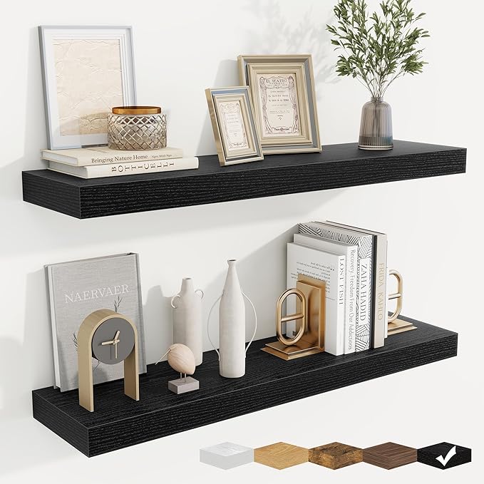 fuqing Floating Shelves for Wall, Bathroom Shelf Wall Mounted for Storage, Shelves with Invisible Bracket for Bedroom, Kitchen, Living Room, Farmhouse Small Book Shelf, 32 Inch Set of 2, Black-NeatNest