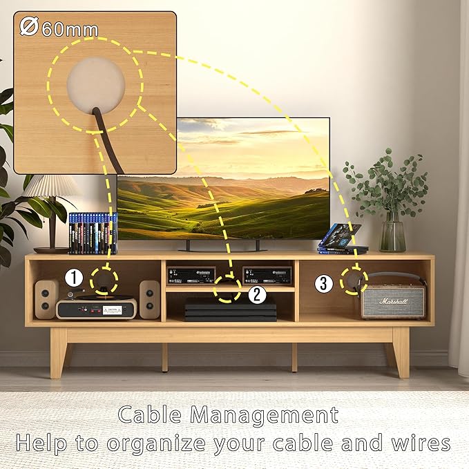 Boho TV Stand for 55 65 Inch TV, Rattan Entertainment Center with Shelves, Cabinets and Sliding Doors, TV Media Console Table with Solid Wood Feet & Cord Holes for Living Room, Bedroom, Natural-NeatNest