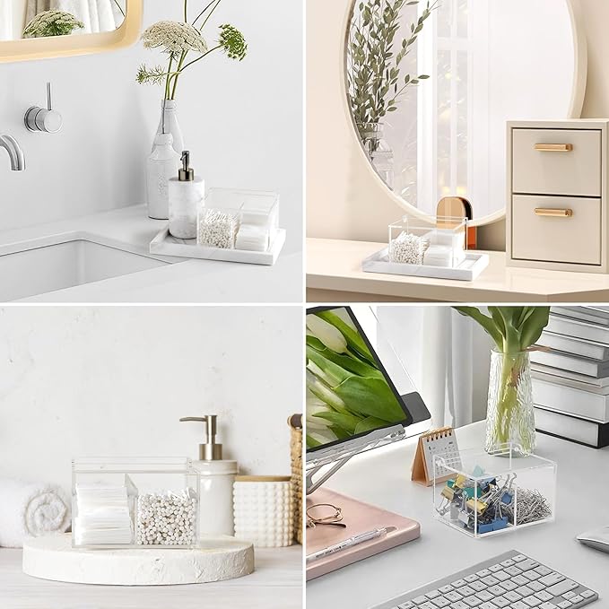 Clear Acrylic Cotton Swab Ball Holder Qtip Organizer with Lid 2-Grid Canister for Make Up Pads, Floss Picks, Vanity Storage,Bath Salts, Cosmetics, Home Bathroom Decor (DP004)-NeatNest