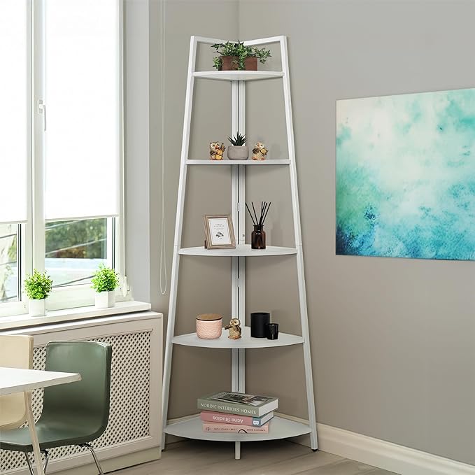 CAPHAUS Tall Corner Shelf Stand, 5-Tier Display Shelves, Ladder Corner Wood Storage Plant Bookshelf with Metal Frame, Versatile Shelving Unit Bookcase for Home Office Space, White-NeatNest