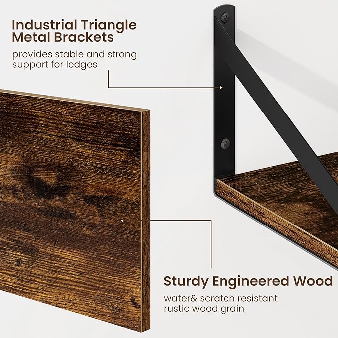 Fun Memories Floating Shelves for Wall, 12 Inch Deep Floating Shelves Set of 2, 16W x 12D Large Wall Shelf with Sturdy Metal Brackets for Living Room, Bathroom, Bedroom and Kitchen, Rustic Brown-NeatNest