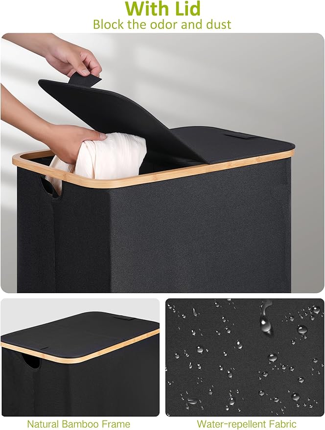 efluky Double Laundry Hamper with Wheels, Divided Laundry Hamper with Removable Bags, 2 Section Dirty Clothes Basket with Handles for Bathroom, Bedroom & Laundry Room, 160L Dark Black-NeatNest