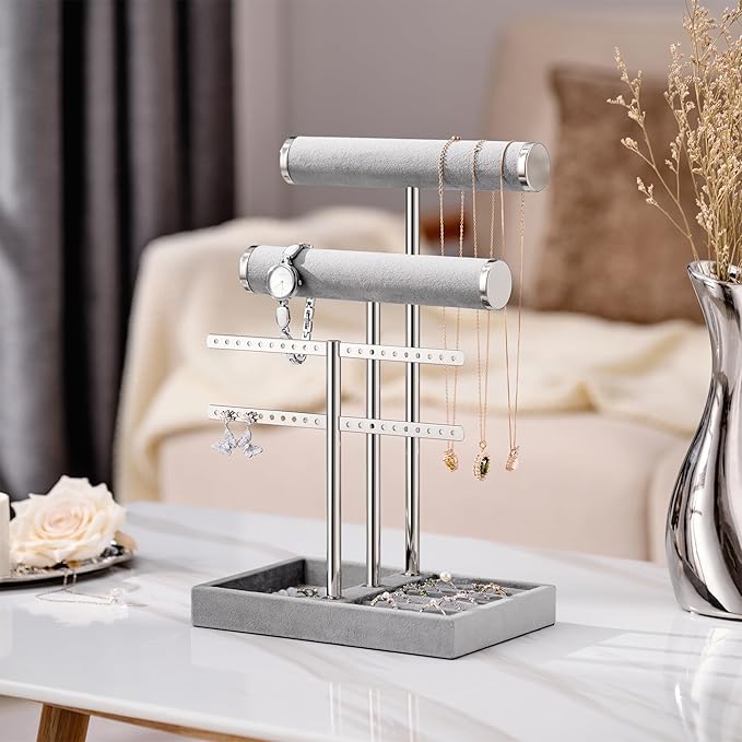 3 Tier Bracelet Holder Display - Detachable T Bar Grey Velvet Bracelet Holder, Jewelry Holder Organizer for Bracelet, Necklace, Earrings, Rings