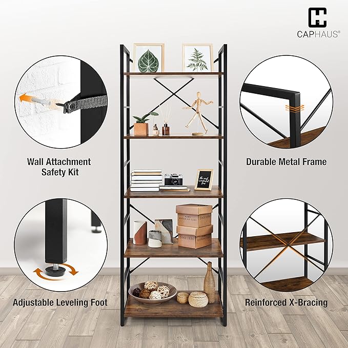 CAPHAUS 5 Tier Bookshelf, 24 Inch Width Free Standing Shelf, Bookcase Shelf Storage Organizer, Industrial Book Shelves for Home Office, Living Room, Kitchen, Rustic Oak-NeatNest