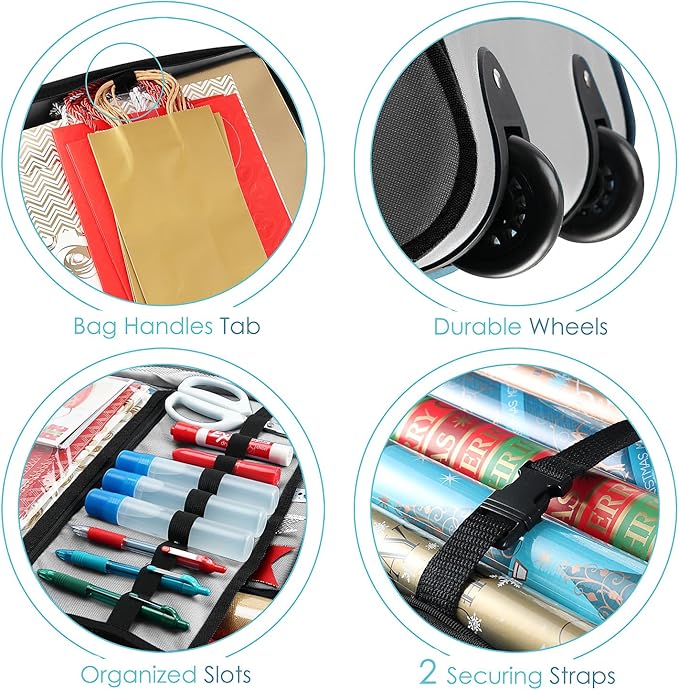 Hearth & Harbor Wrapping Paper Storage Container with Ribbon Dispenser and Interior Pockets - Large Christmas Storage Containers with Wheels, Fits 30 Rolls of 40" Length, Silver-NeatNest