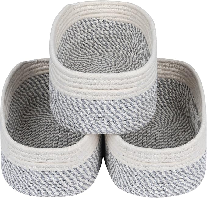 CubesLand Small Baskets, Storage Baskets for Organizing Shelves, Rectangular Woven Storage Basket Natural Cotton Rope Bins Closet Baby Nursery Empty Gifts Basket Off White/Mixed Gray-NeatNest