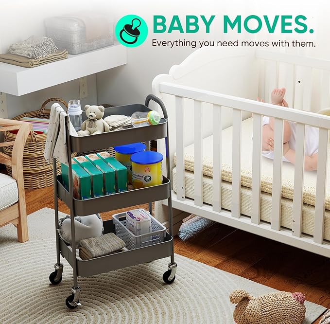 Sekey 3 Tier Rolling Cart Metal, NO Screws Assemble Utility Cart on Wheels, Heavy Duty Storage Cart with Lockable Wheels for Baby Nursery, Bathroom, Kitchen, Laundry Room, Gray