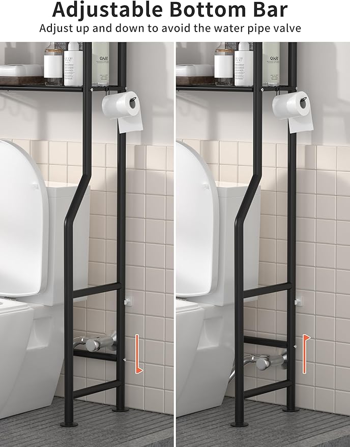 3-Tier Over The Toilet Storage, Freestanding Metal Bathroom Shelves with 4 Hooks, Over Toilet Storage Shelf with Paper Holder, Above The Toilet Shelf for Bathroom Storage, Black-NeatNest
