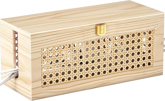 Cable Management Box, Cable Organizer Box Safe for Kids and Pets, 2 Open Slots Cords Hider Box for Power Strips, Computer Router, USB Hub 12.5" x 5.1" x 5.5", Natural