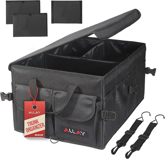 ALLAY Trunk Organizer for Car with Lid – Foldable SUV Trunk Organizer – Multi-Compartment Car Box and Storage – 800D Oxford Truck Bed Shelf with Securing Straps, Non-Slip Bottom 65L