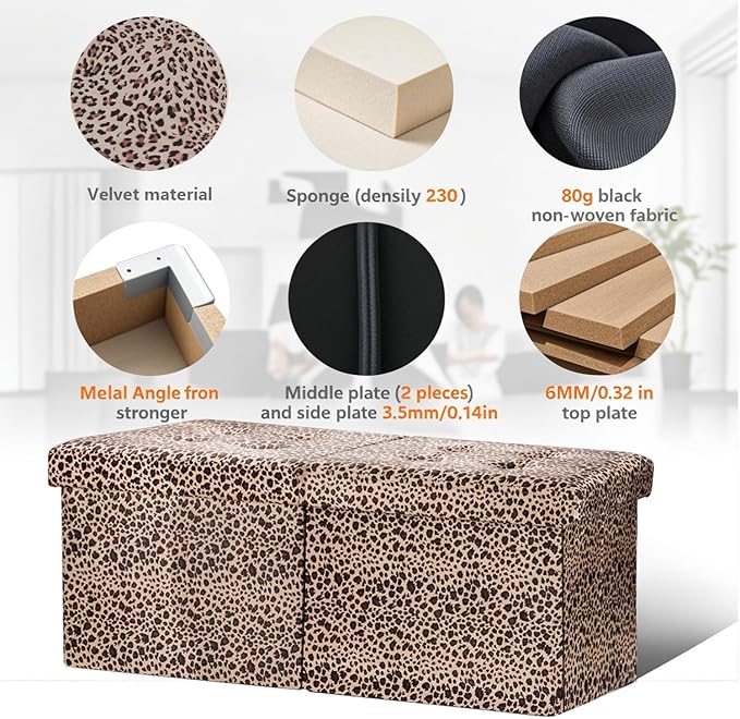 AmasSmile Footrest Ottoman Bench with Storage,34Inch Leopard Print Velvet Footstool, Coffee Table, Padded Seat, Storage Chest,Blanket Store with Flipping Lid for Livingroom and Bedroom