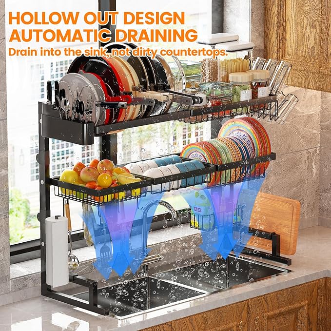 Over Sink Dish Drying Rack (Expandable Height/Length) (31-39.5L x 12W x 34-38H inches) Snap-On Design Large Dish Drainer Storage Counter Organizer