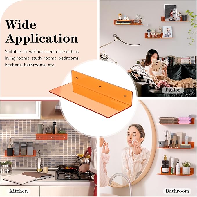 15 Inches Orange Acrylic Wall Shelves 2 Pack, L Shape Floating Shelf, Perspex Wall Mounted Shelves for Wall Décor, Moel Car, Candle, Calendar, Towel, Tissue-NeatNest