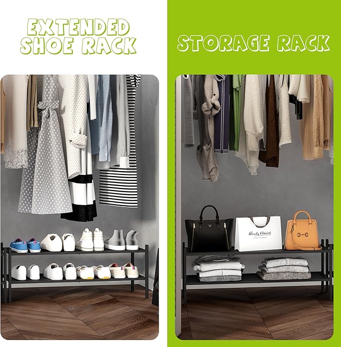 BMOSU 2-Tier Bamboo Extended Shoe Rack Premium Stackable Shoe Shelf Storage Organizer for Hallway Closet Living Room Entryway Organizer(Black)-NeatNest