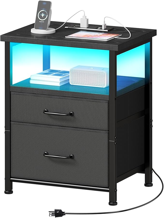 Black Nightstand with Charging Station, LED Night Stand with 2 Fabric Drawers, Side Table with Open Shelf, End Table with Outlets and USB Ports, 2 Drawer Dresser for Bedroom, Easy Assembly-NeatNest