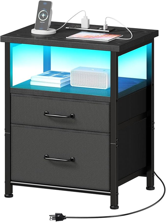 Black Nightstand with Charging Station, LED Night Stand with 2 Fabric Drawers, Side Table with Open Shelf, End Table with Outlets and USB Ports, 2 Drawer Dresser for Bedroom, Easy Assembly-NeatNest