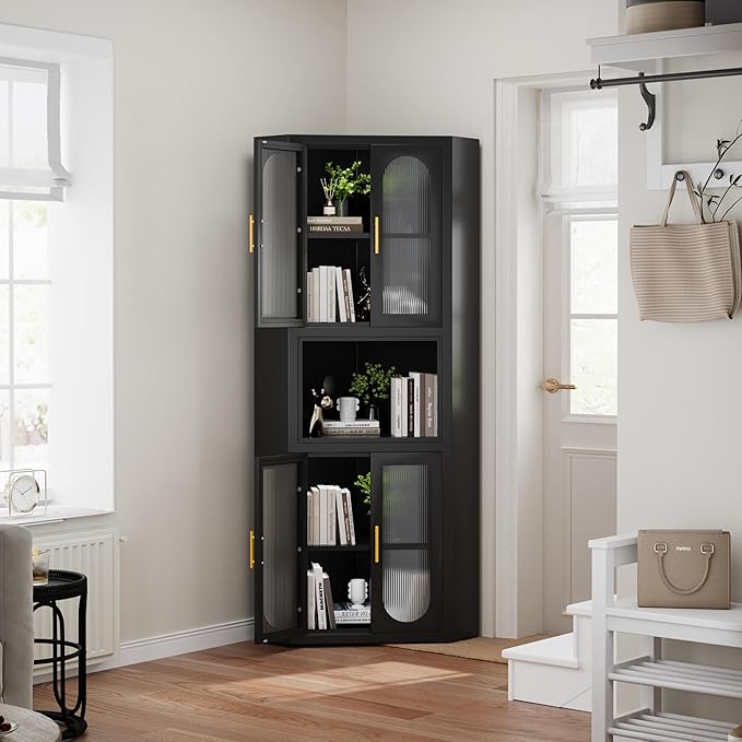 64" Tall Metal Corner Storage Cabinet with Acrylic Glass Doors ＆ Open Display Storage Shelves, Farmhouse Corner Pantry Storage Cupboard for Kitchen, Laundry Room, Bathroom or Bedroom (Black)