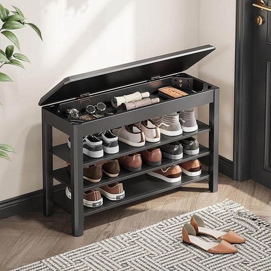 Shoe Rack Bench Seat Rubberwood 3-Tier Wooden Storage Bench 550lbs Compact Mid-Century Modern Design for Entryway, Hallway, Closet, Front Door Entrance, Foyer-NeatNest