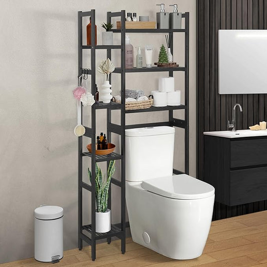 CAPHAUS Over -The -Toilet Storage Shelf,7-Tier Bamboo Bathroom Organizer Shelf Rack Over Toilet with Adjustable Feet & Hooks, Freestanding Toilet Shelf for Bathroom Laundry Balcony Plant Stand,Black-NeatNest