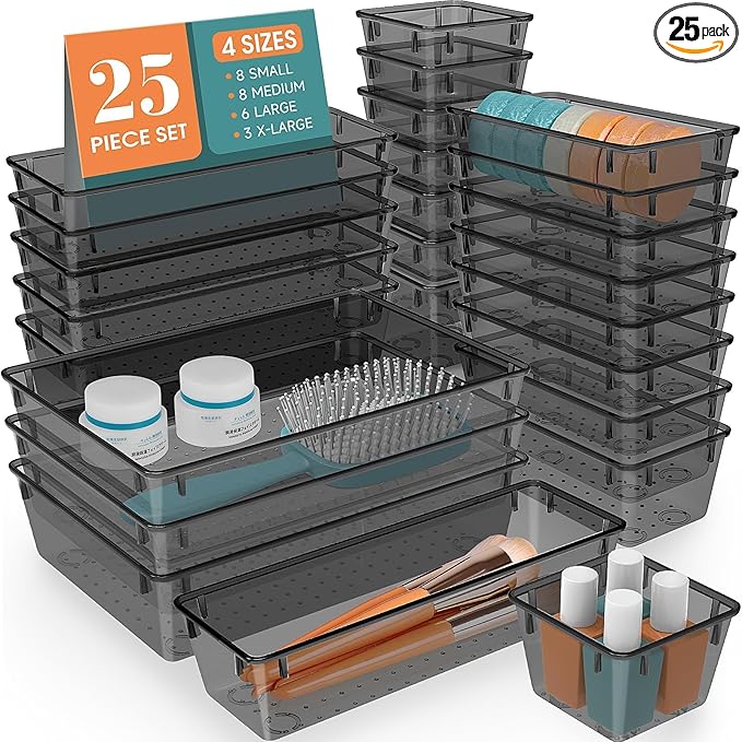 25 PCS Drawer Organizer Set, 4 Varied Size Bathroom and kitchen Drawer cabinet organizer Trays, Clear Storage Bins for Makeup, Jewelry, Utensils and Gadgets，Black-NeatNest